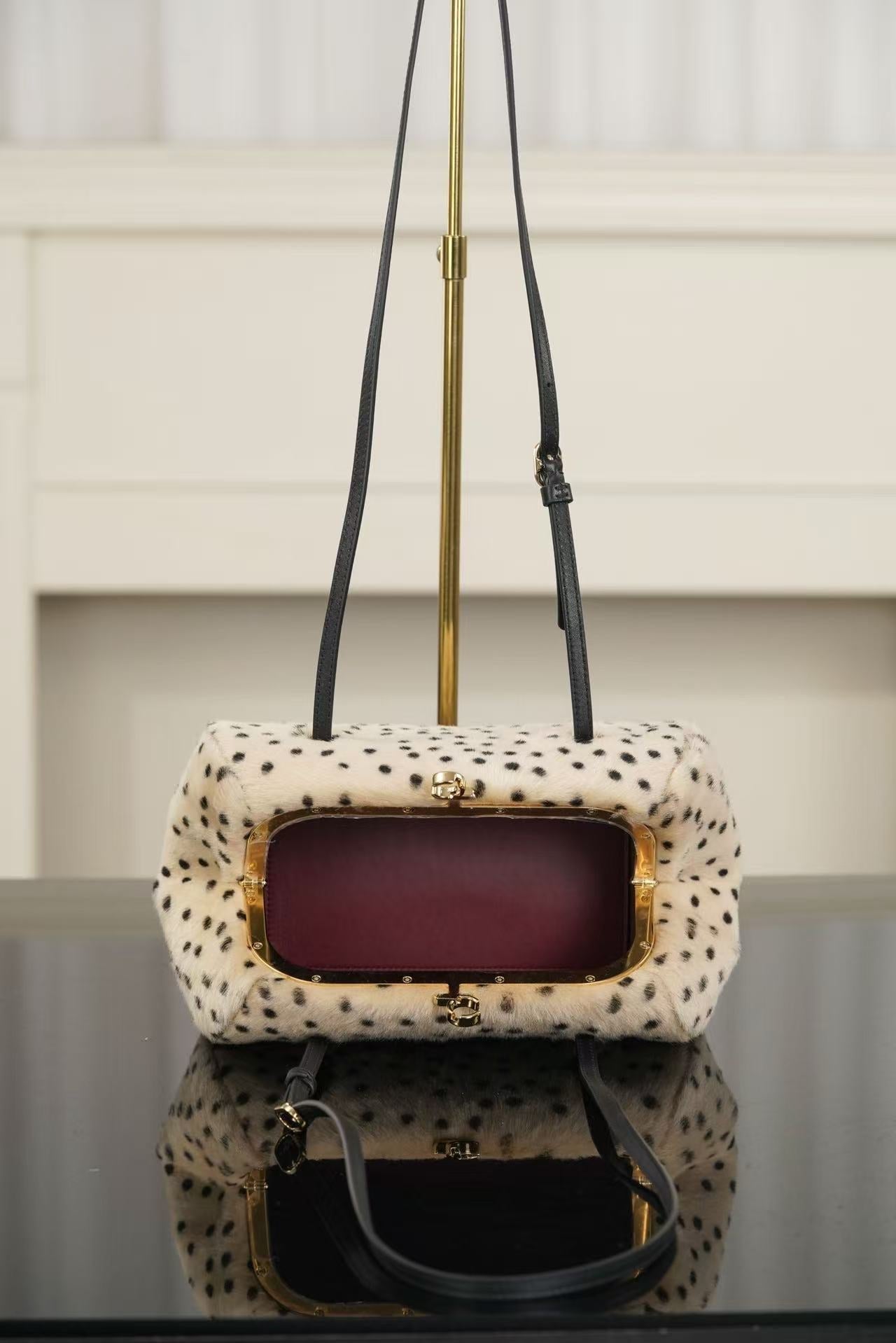 CC 26A Handbag 29.5CM Dalmatian Print Ivory Black Shearling Leather