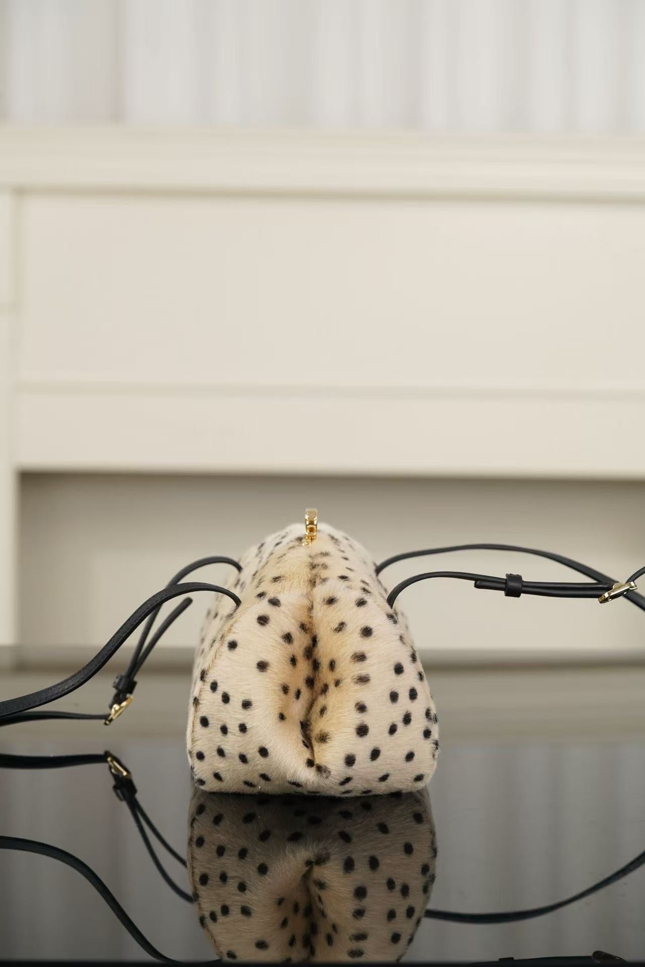 CC 26A Handbag 29.5CM Dalmatian Print Ivory Black Shearling Leather