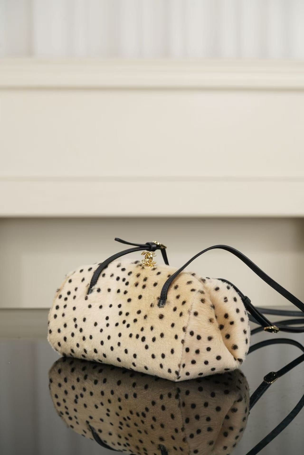 CC 26A Handbag 29.5CM Dalmatian Print Ivory Black Shearling Leather