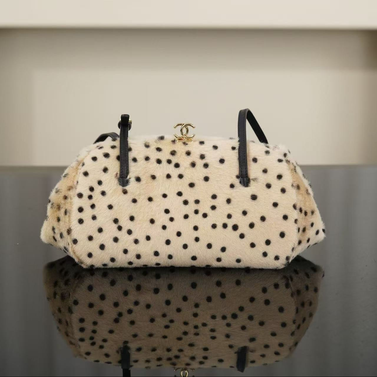 CC 26A Handbag 29.5CM Dalmatian Print Ivory Black Shearling Leather
