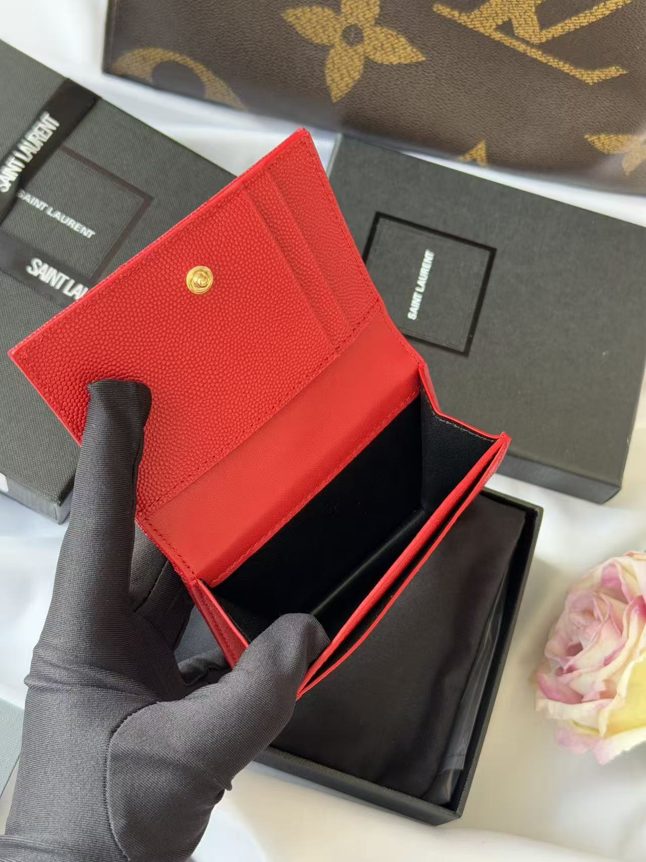 YSL Compact Wallet Red Leather
