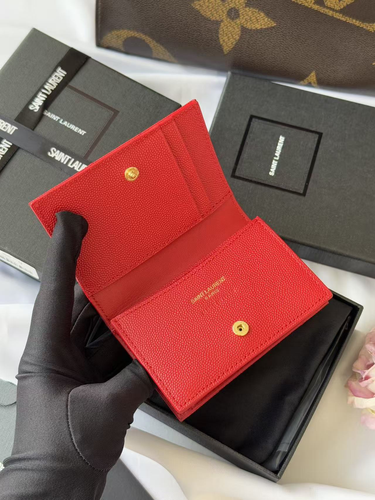 YSL Compact Wallet Red Leather