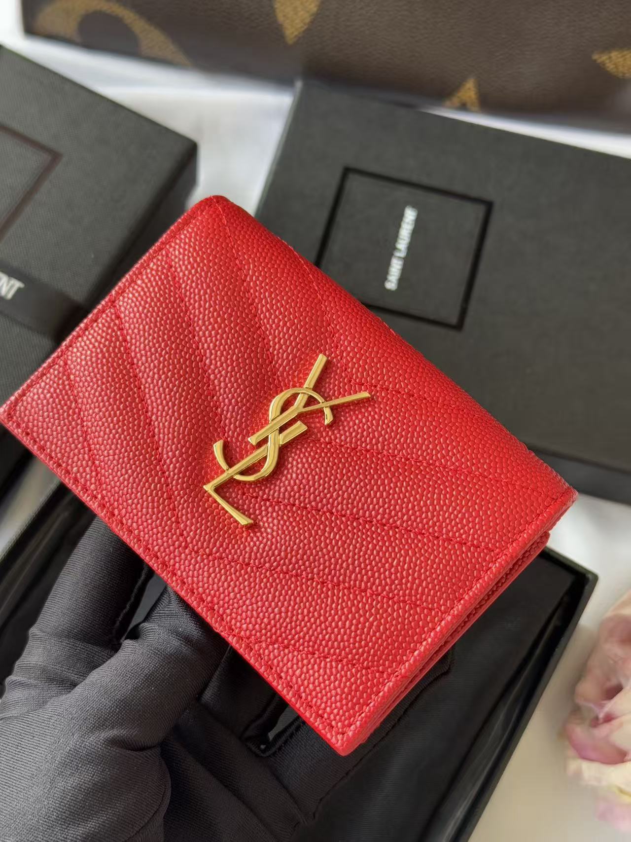 YSL Compact Wallet Red Leather