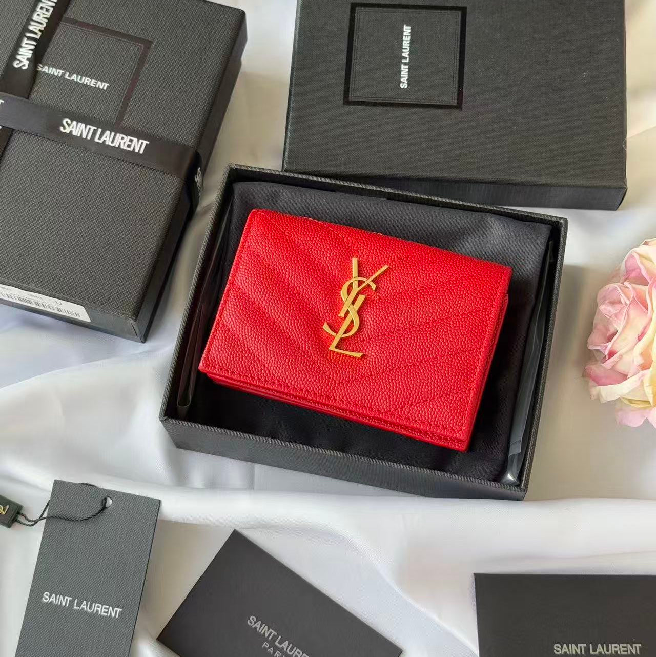 YSL Compact Wallet Red Leather