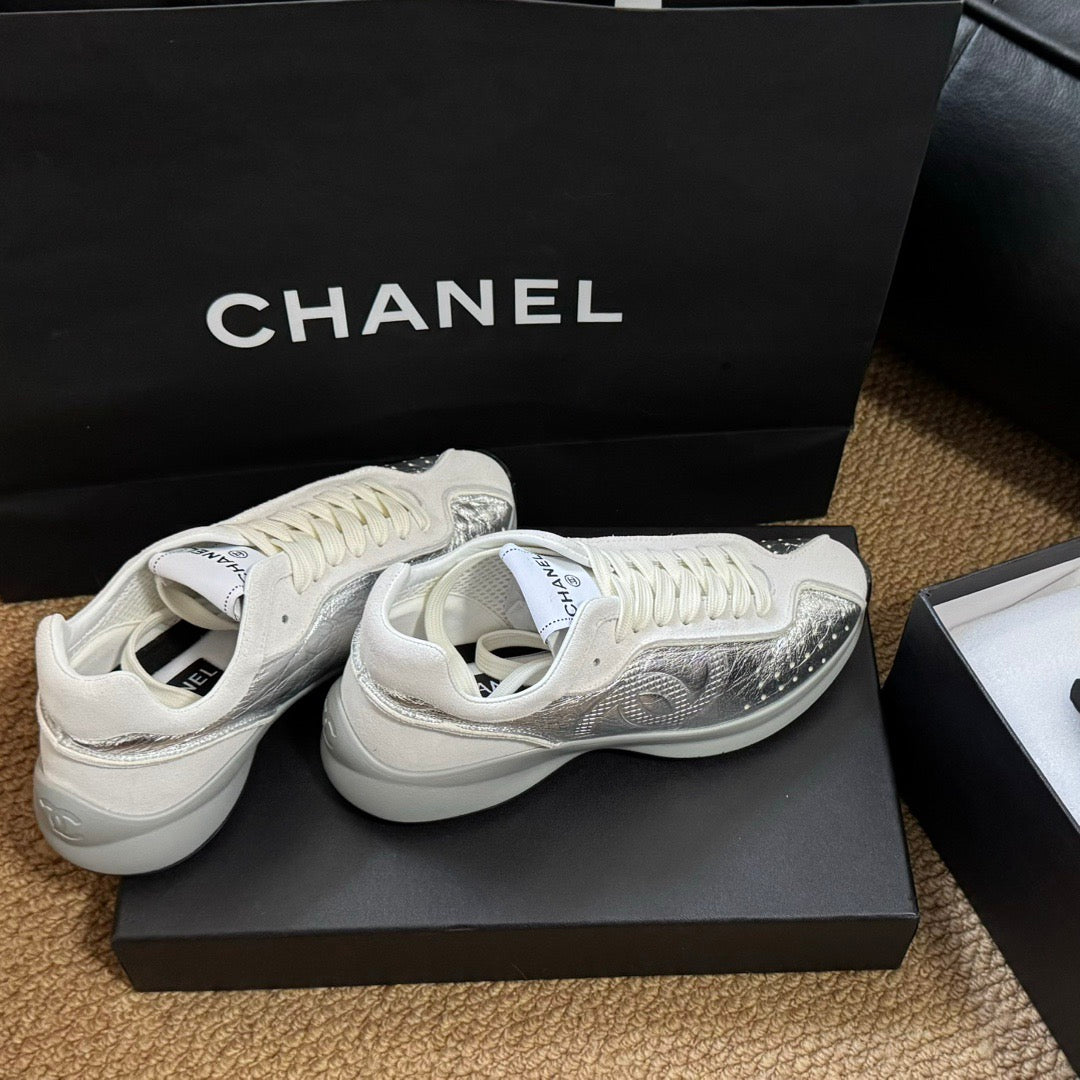 CC Sneakers Silver Laminated Calfskin Suede