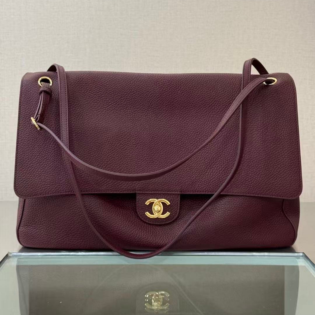 Chanel 2026 Maxi Flap Bag 38.5cm Dark Burgundy Calfskin Gold Hardware