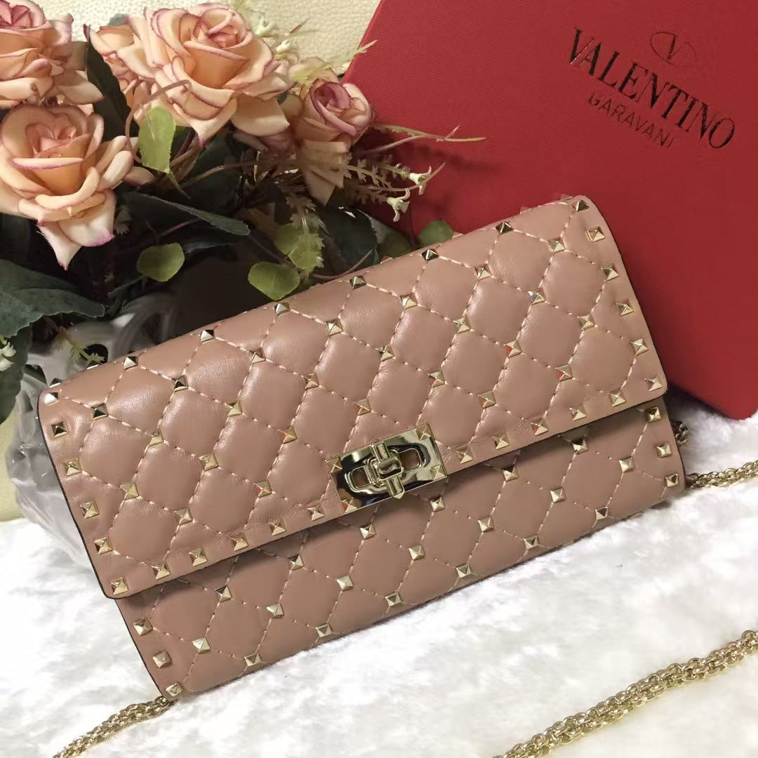 VLTN Rockstud Spike Chain Bag 23.5cm Powder Pink Cowhide