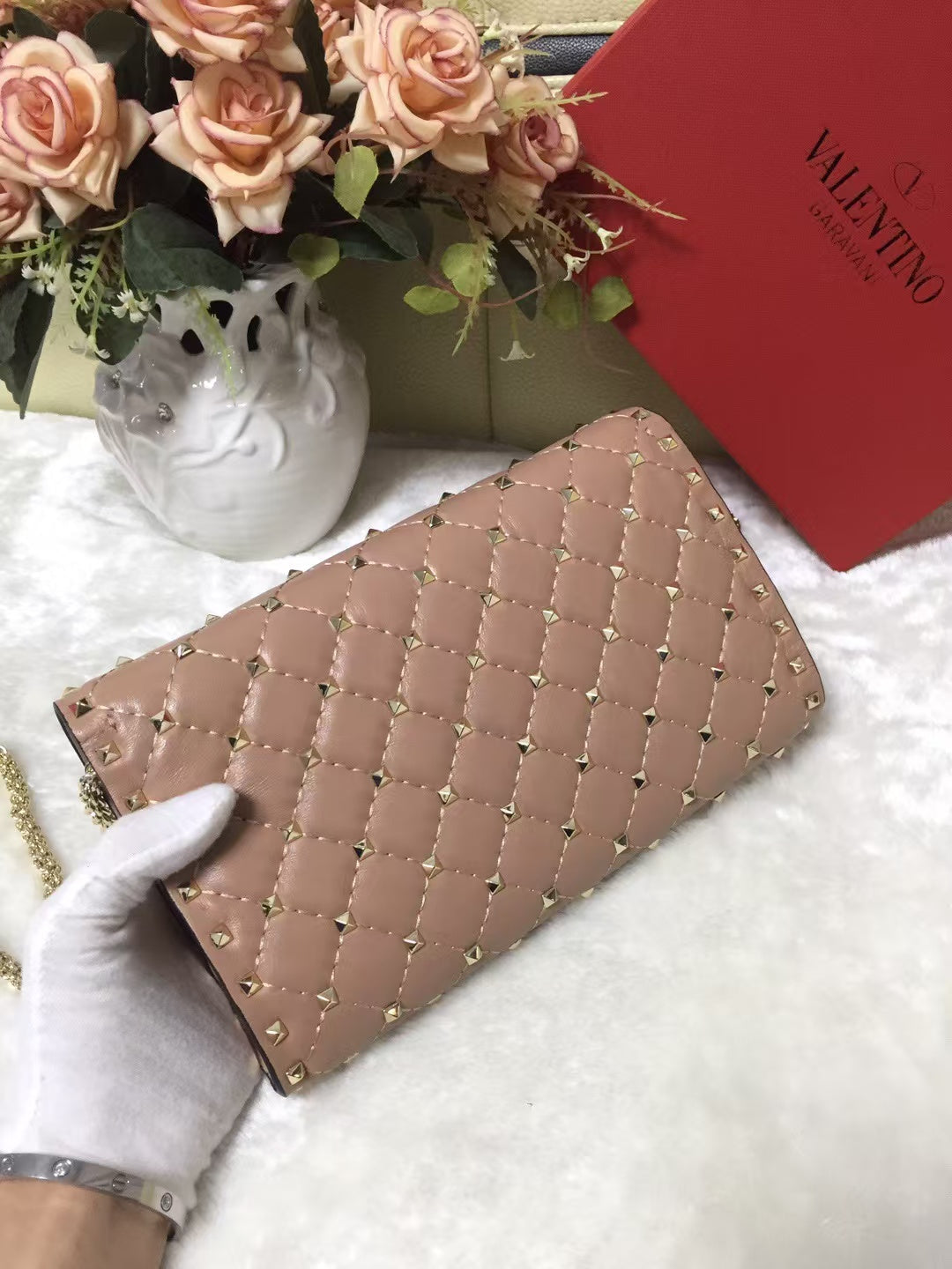 VLTN Rockstud Spike Chain Bag 23.5cm Powder Pink Cowhide