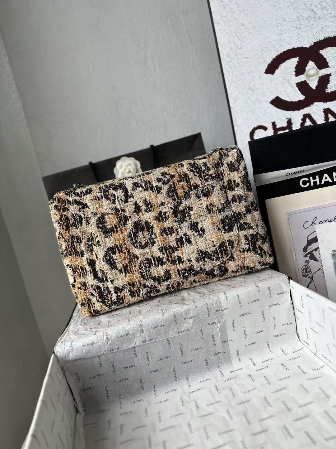 CC Maxi Flap Bag 38cm Brown Black Leopard Linen