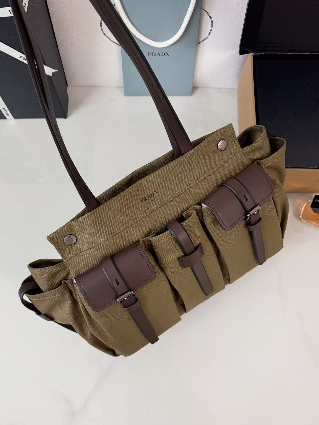 Prada Route Shopping Bag Forest Green Canvas Leather