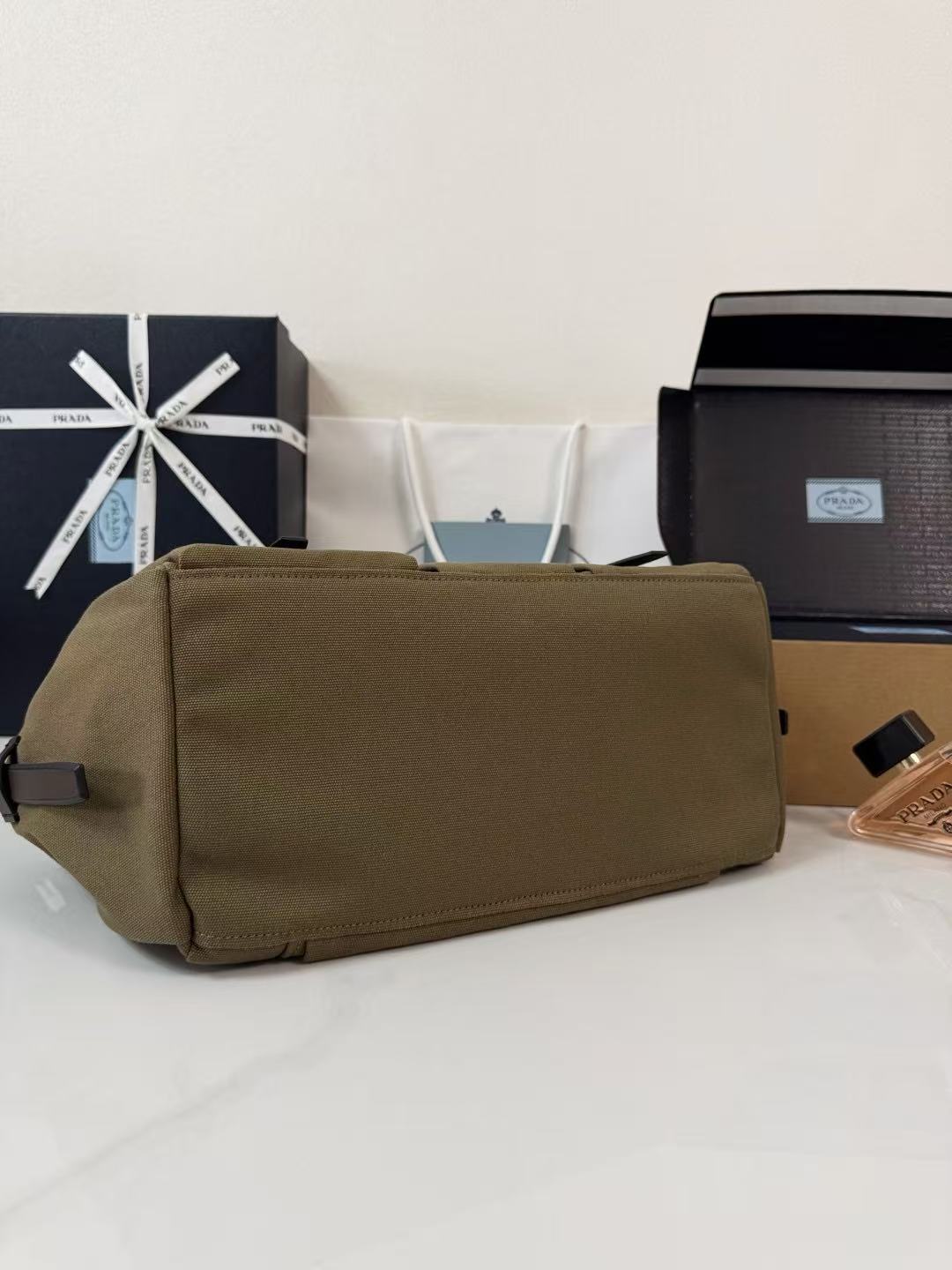 Prada Route Shopping Bag Forest Green Canvas Leather