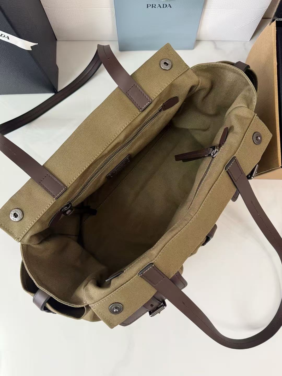 Prada Route Shopping Bag Forest Green Canvas Leather