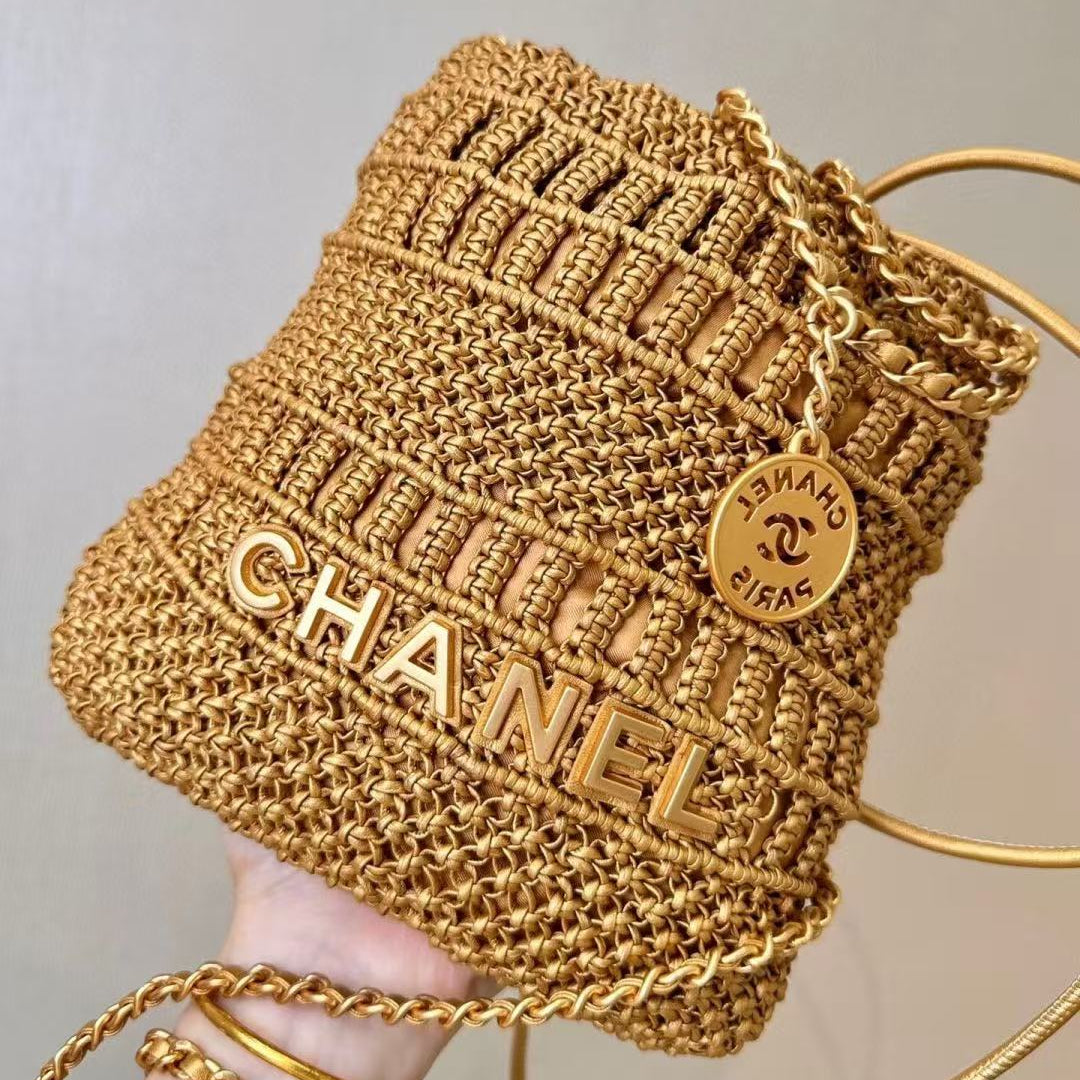 CC Metallic Macramé Mini Chanel Hobo Bag 23cm Gold Calfskin