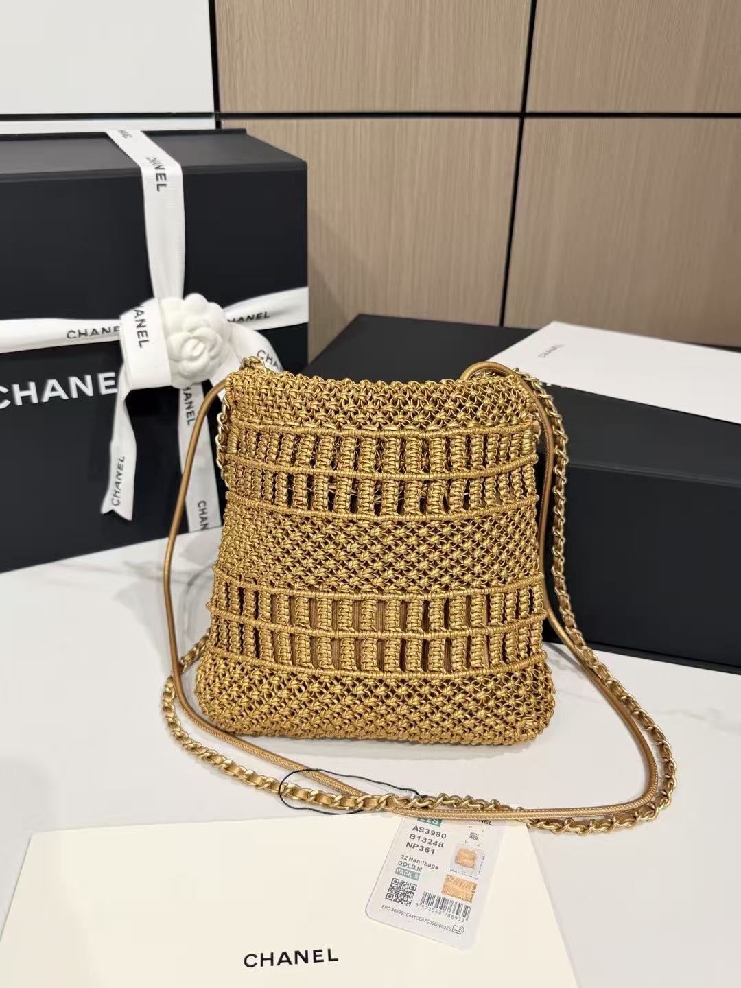 CC Metallic Macramé Mini Chanel Hobo Bag 23cm Gold Calfskin