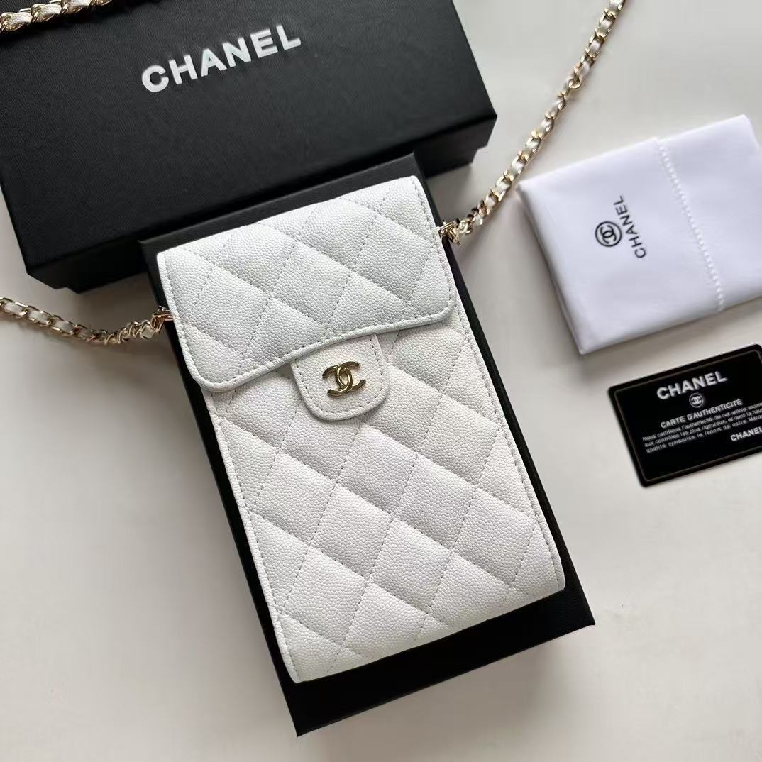 CC Bow Phone Holder With Chain White Caviar Leather