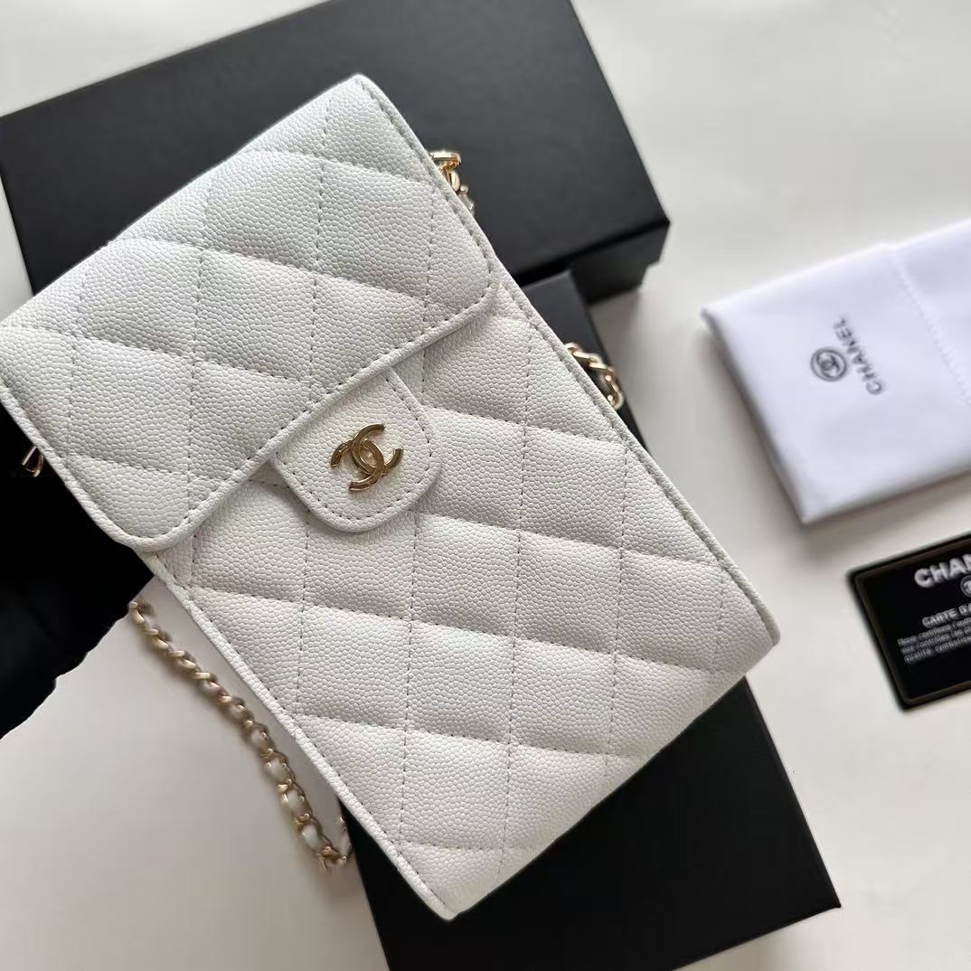 CC Bow Phone Holder With Chain White Caviar Leather