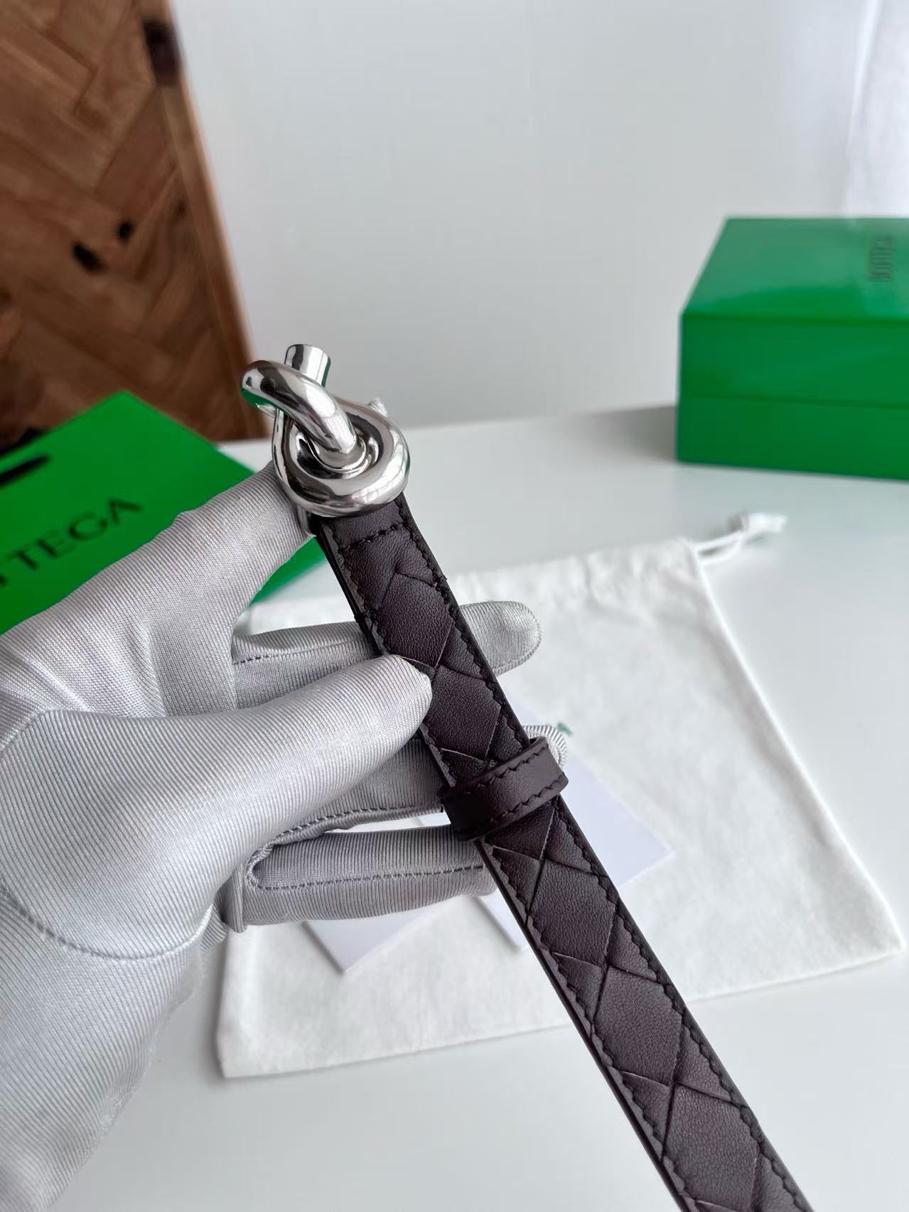 BV 26S Intreccio Andiamo Knot Buckle Belt 3cm Chocolate Calfskin