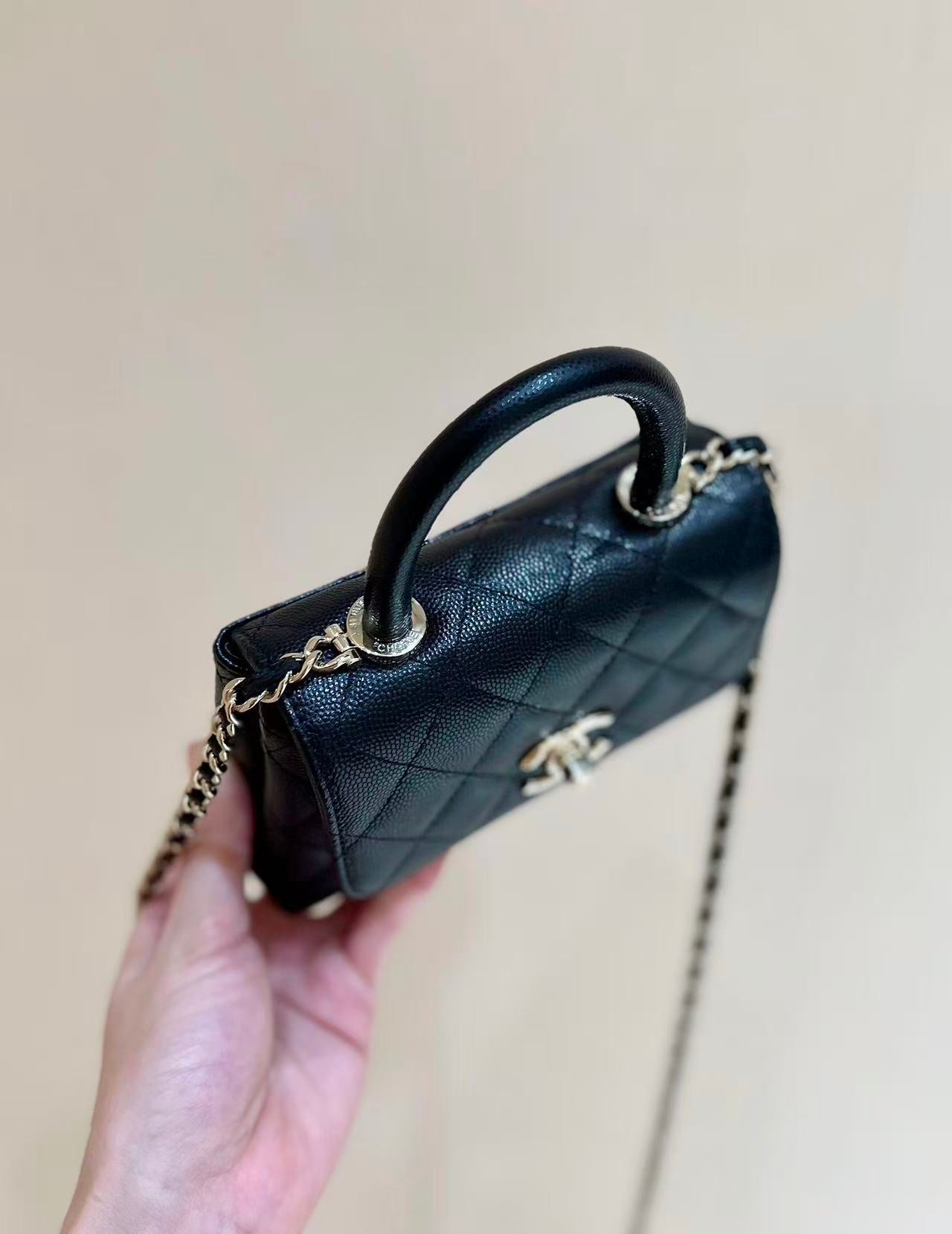 CC Coco Top Handle Bag Black Quited Caviar Leather (11.5x14.5x5.5cm)