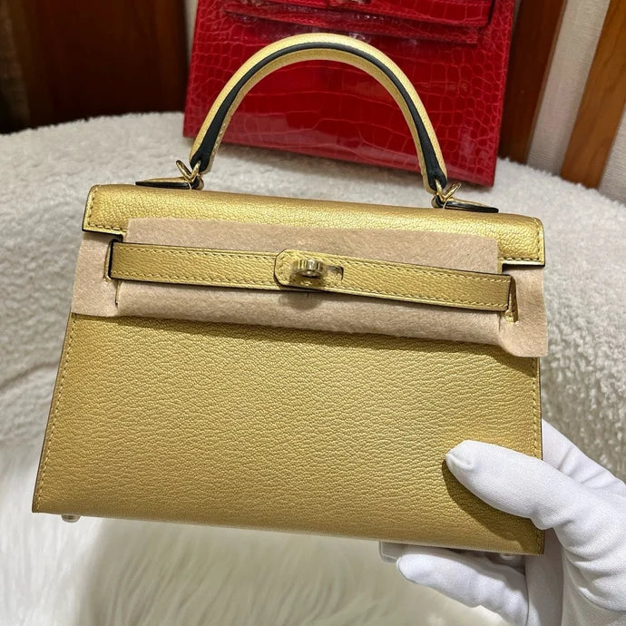 Hermes 2026 Mini Kelly II Bag 19cm Metallic Gold Goatskin Leather