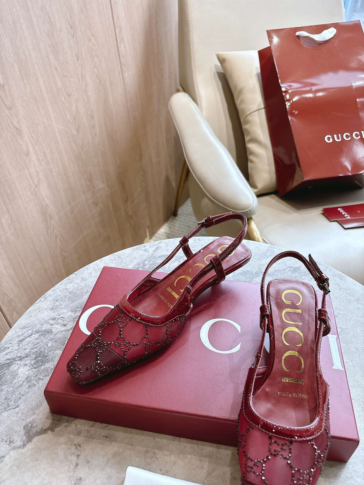 GG Crystal-Embellished Slingback Pumps Burgundy Mesh