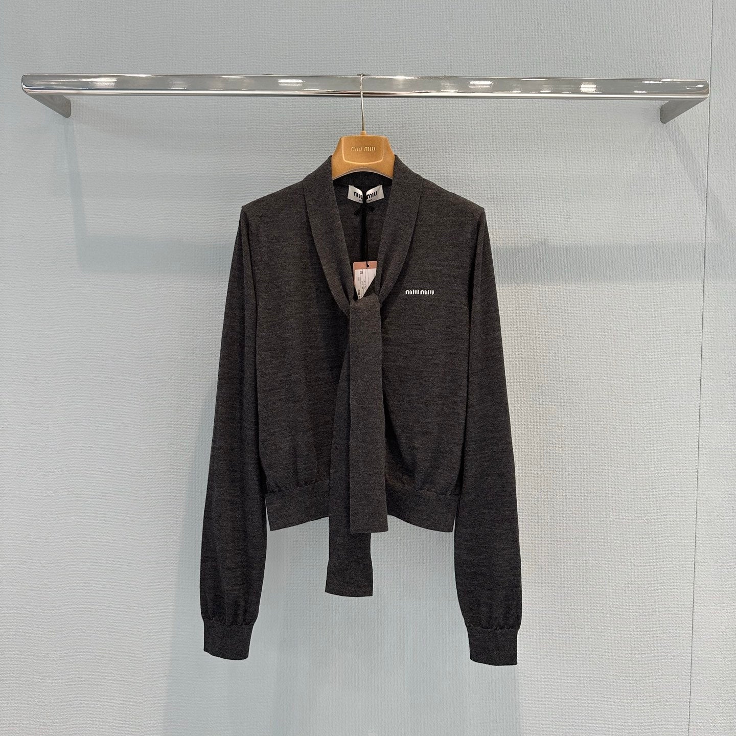 Miu Cardigan With Neck Scarf Anthracite Gray Wool