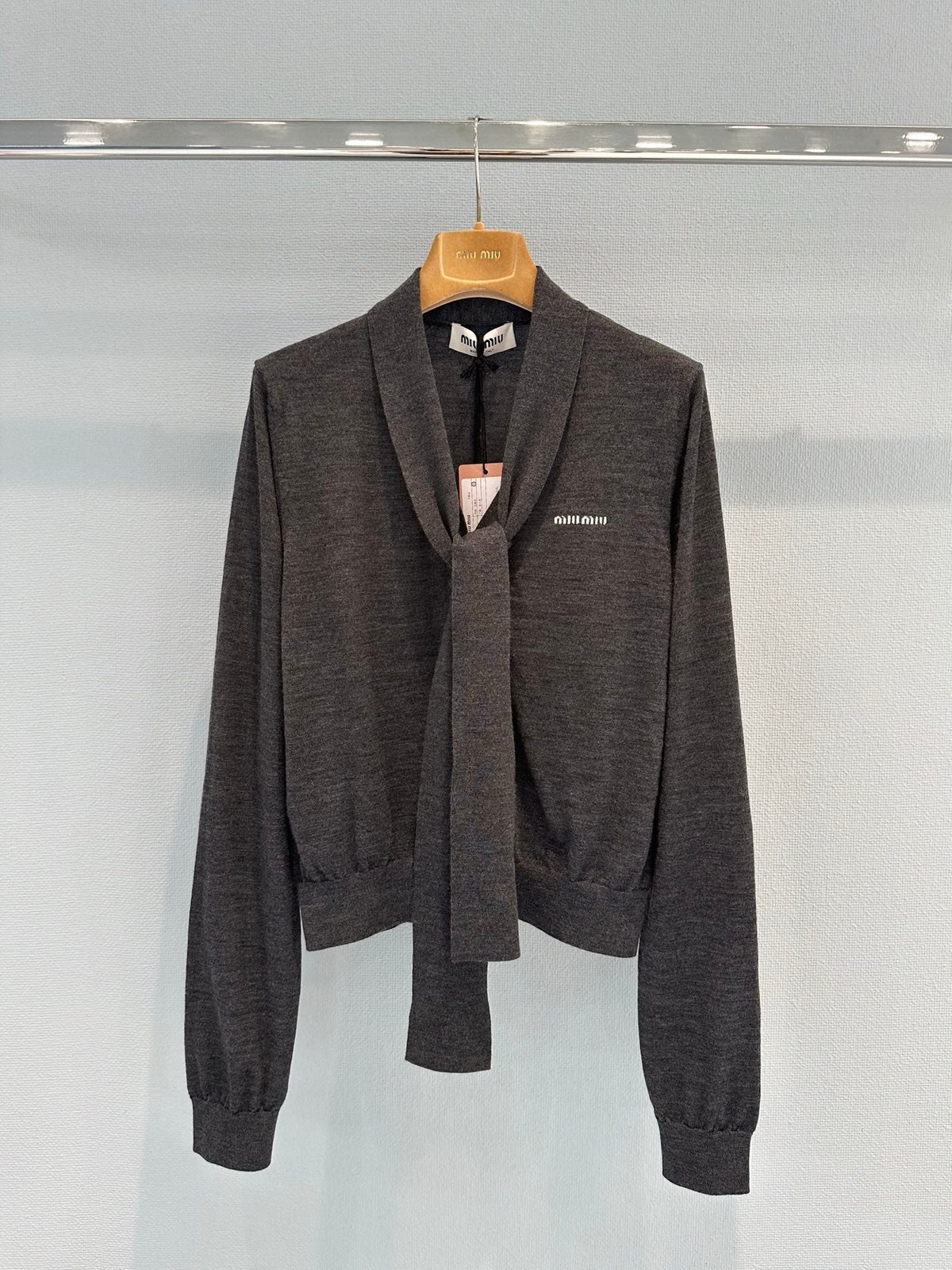 Miu Cardigan With Neck Scarf Anthracite Gray Wool