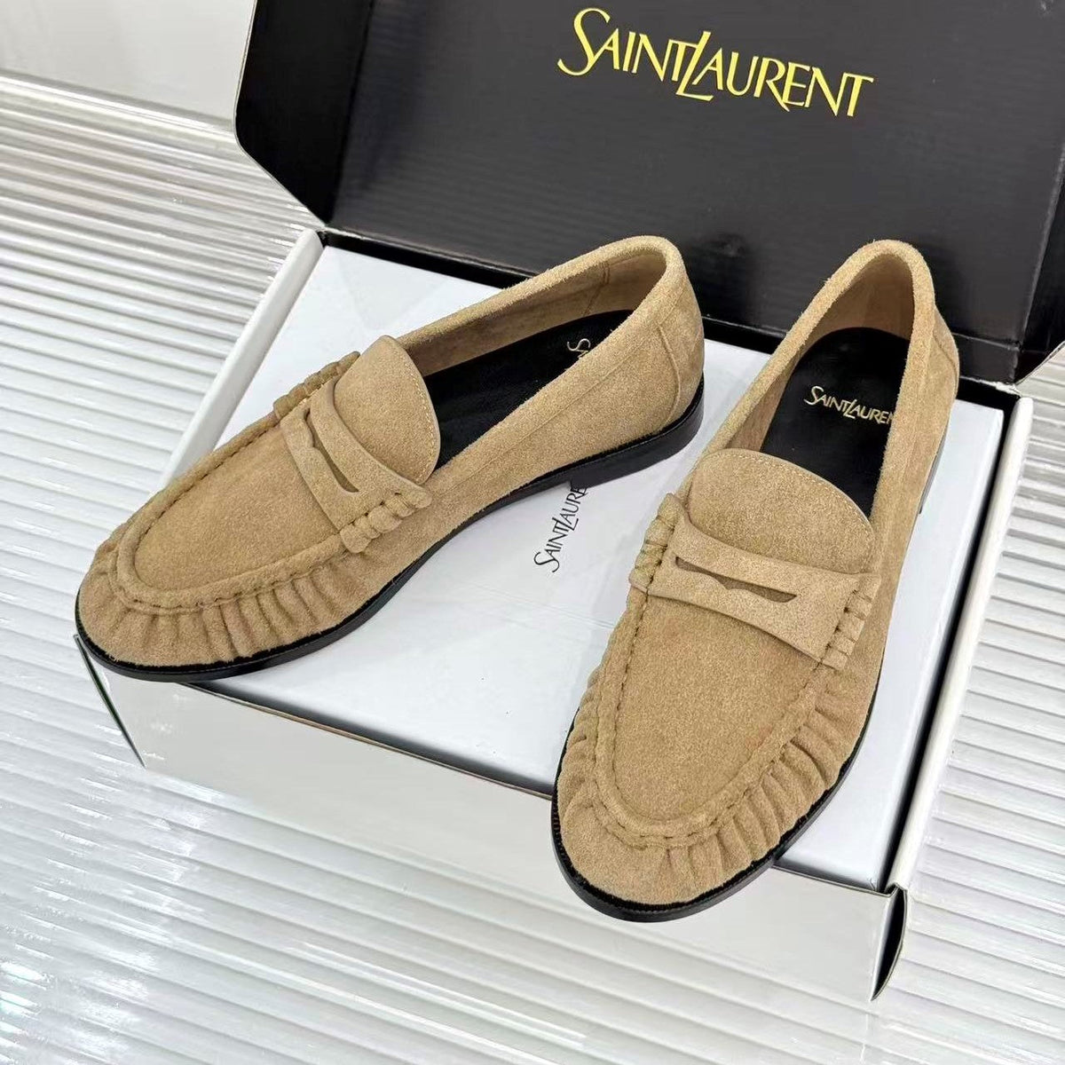 YSL-Plaque Ruched Loafers Khaki Suede