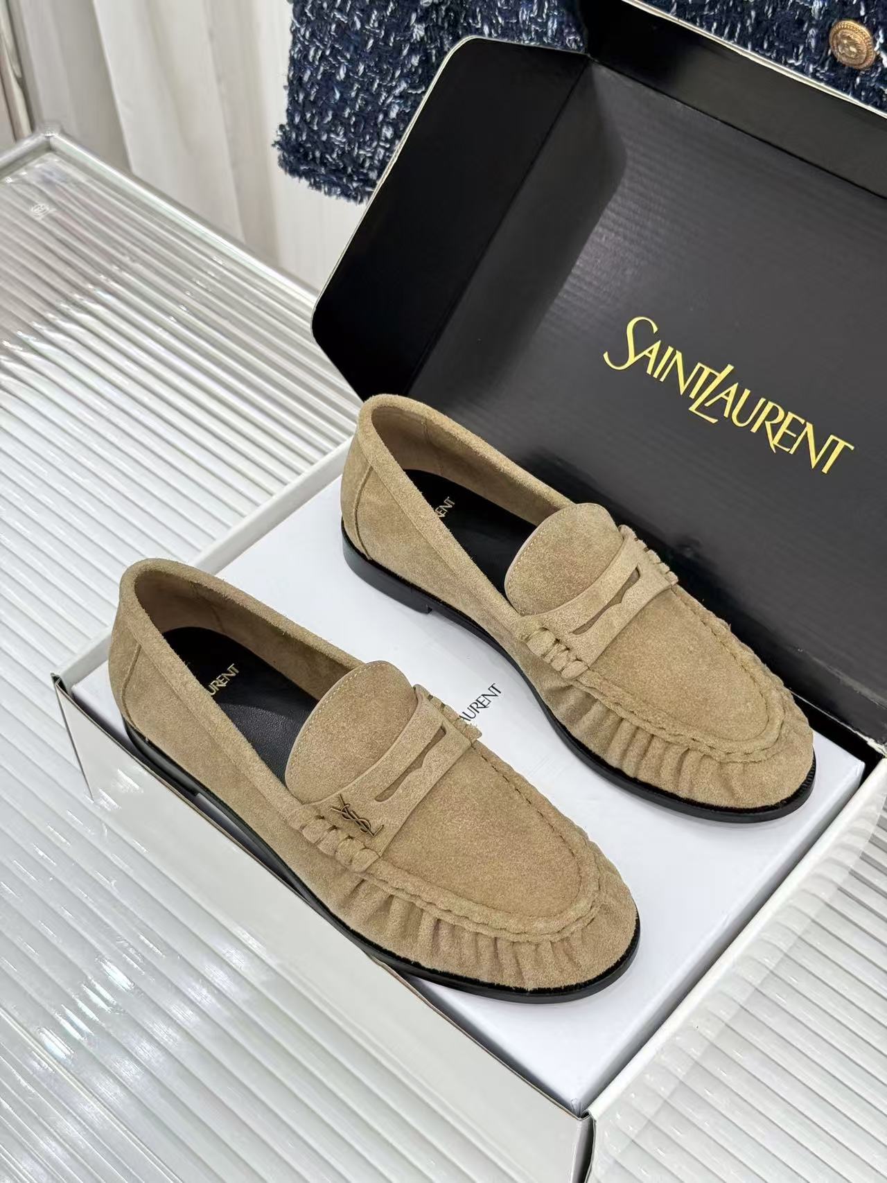 YSL-Plaque Ruched Loafers Khaki Suede