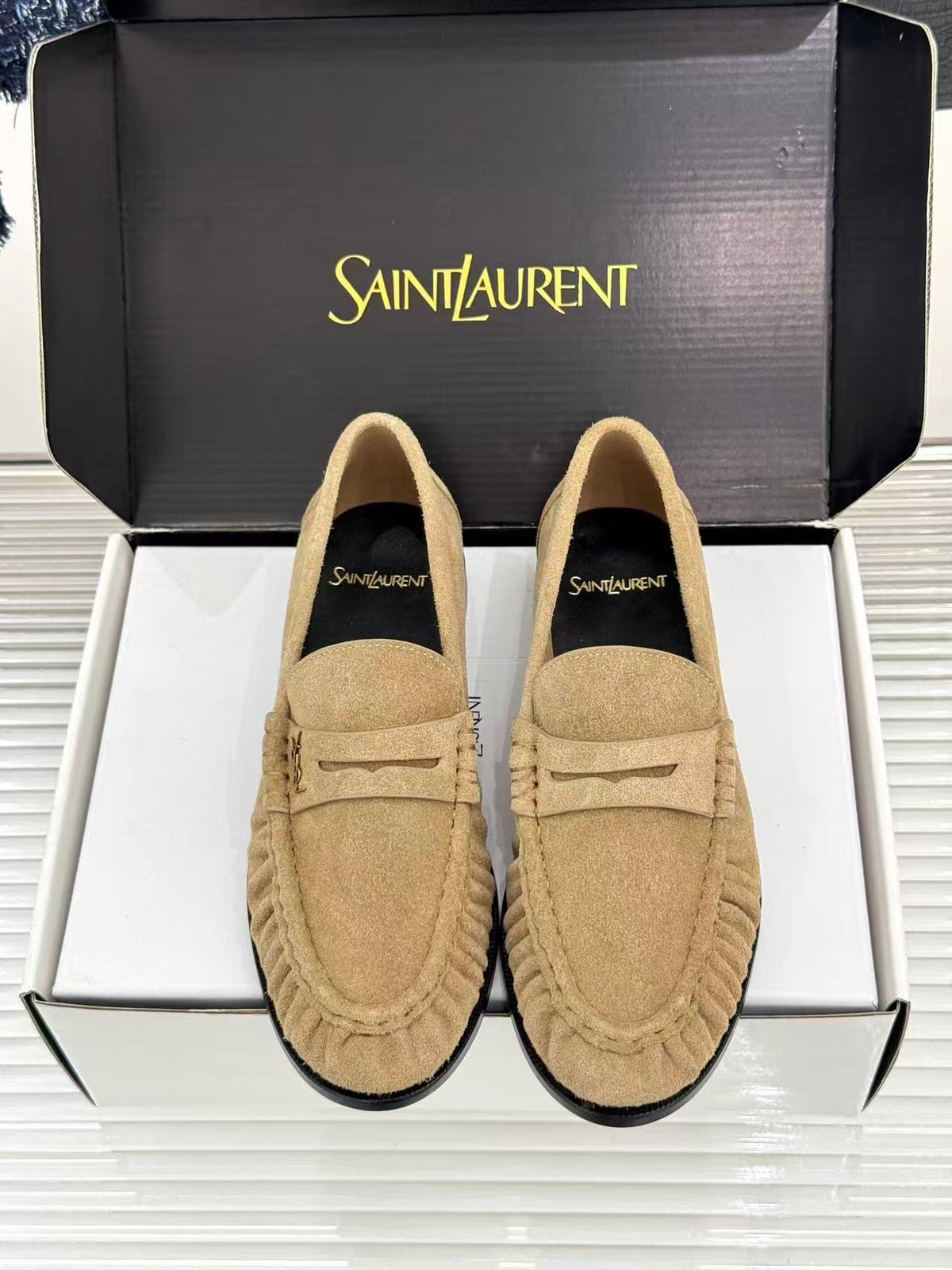 YSL-Plaque Ruched Loafers Khaki Suede