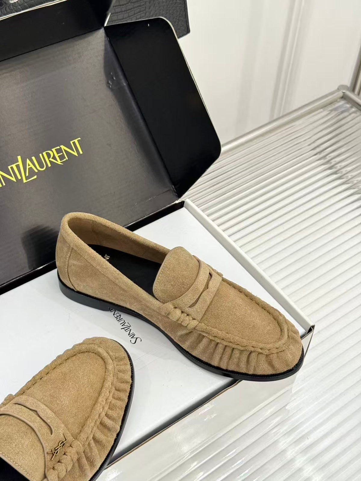 YSL-Plaque Ruched Loafers Khaki Suede
