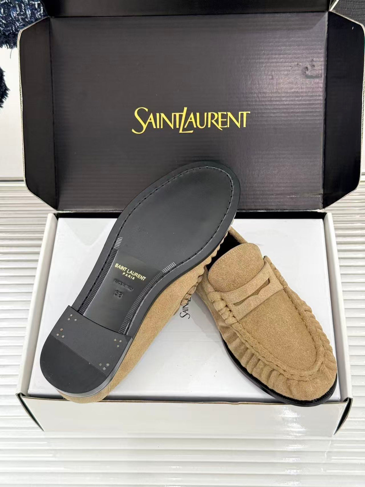 YSL-Plaque Ruched Loafers Khaki Suede