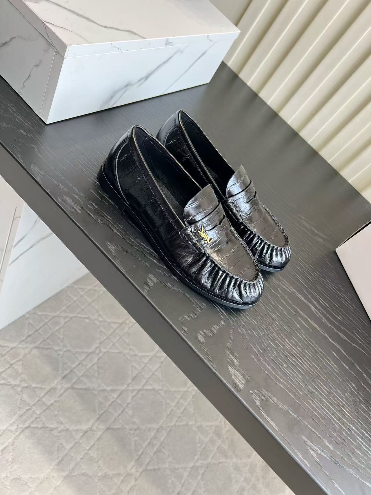 YSL-Plaque Ruched Loafers Black Croc Effect Leather