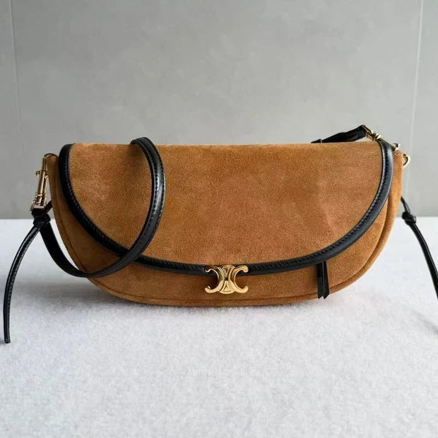 Celine 2026 Little Halfmoon Soft Triomphe Camel With Black Suede Calfskin