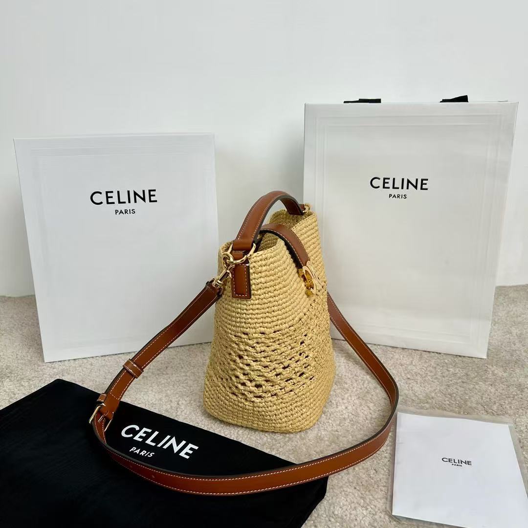 Celine Small Louise Bucket Bag 19cm Natural / Tan Raffia Calfskin
