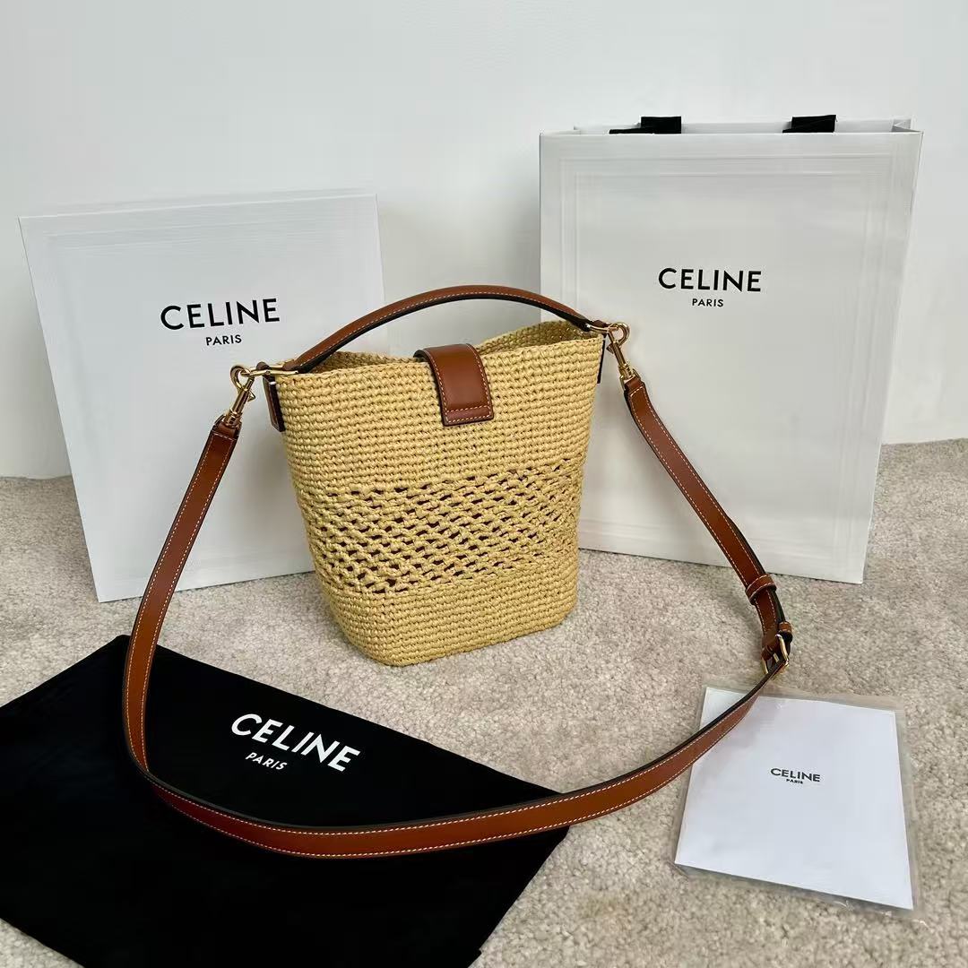 Celine Small Louise Bucket Bag 19cm Natural / Tan Raffia Calfskin