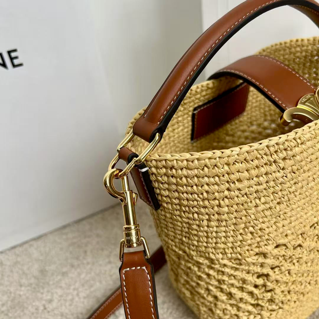 Celine Small Louise Bucket Bag 19cm Natural / Tan Raffia Calfskin