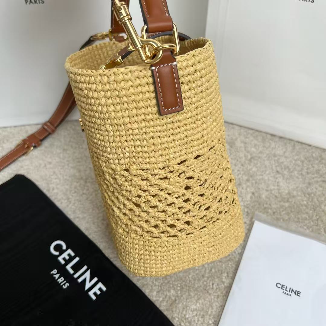 Celine Small Louise Bucket Bag 19cm Natural / Tan Raffia Calfskin
