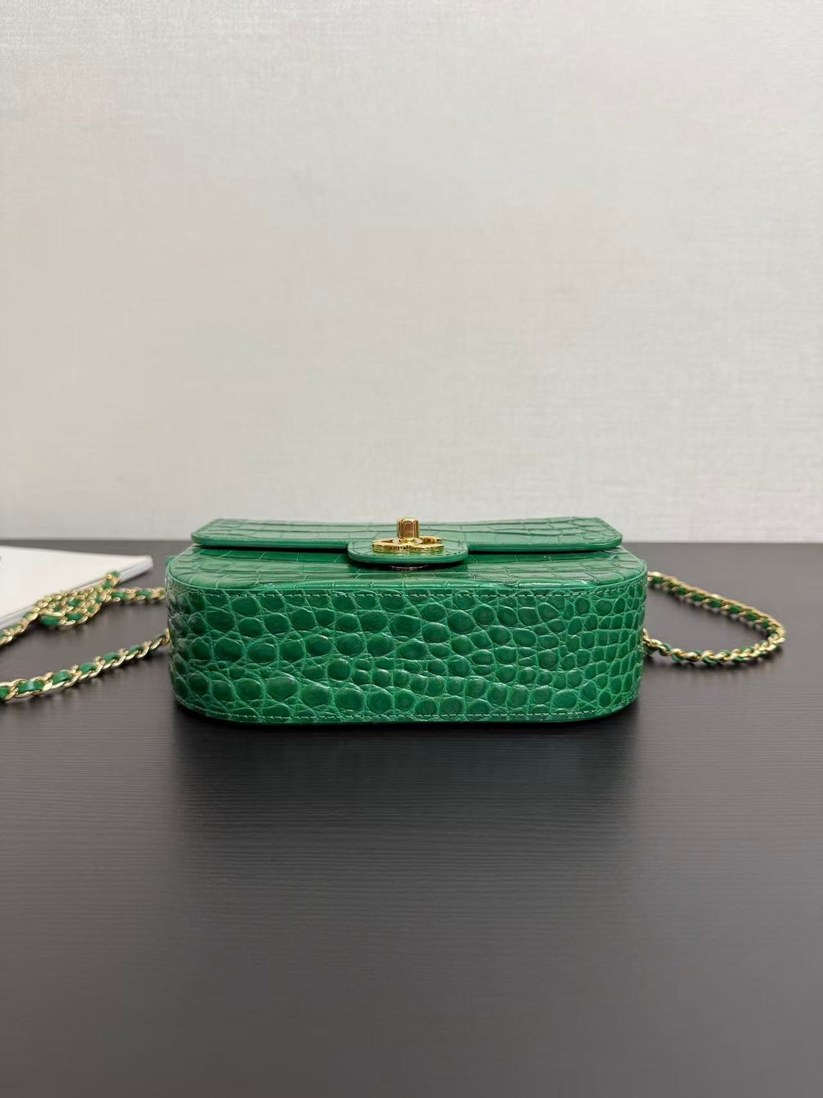 CC 26s Top Handle Flap Bag Green Crocodile-Embossed Leather