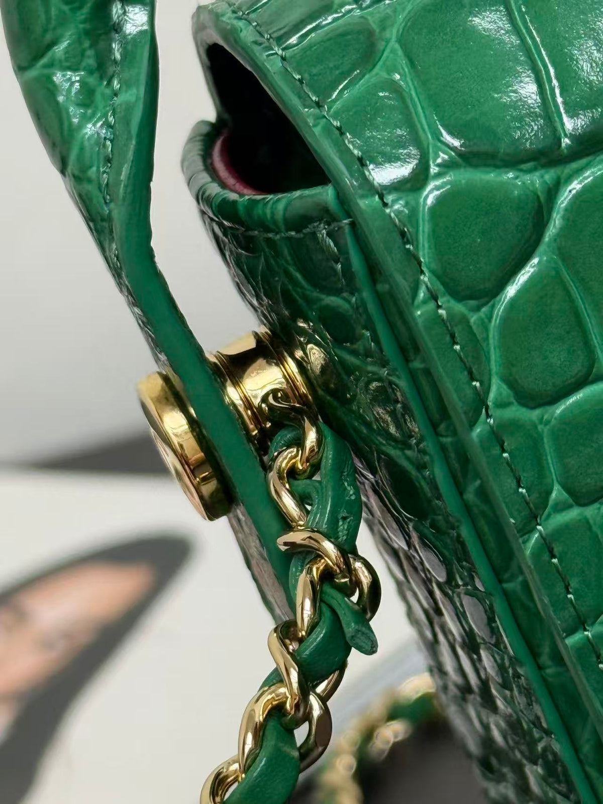 CC 26s Top Handle Flap Bag Green Crocodile-Embossed Leather