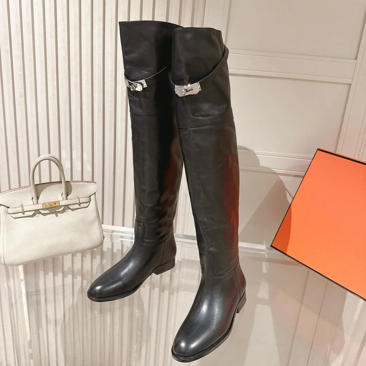 HM 2026 Over The Knee Boot Black Leather With Silver Buckle