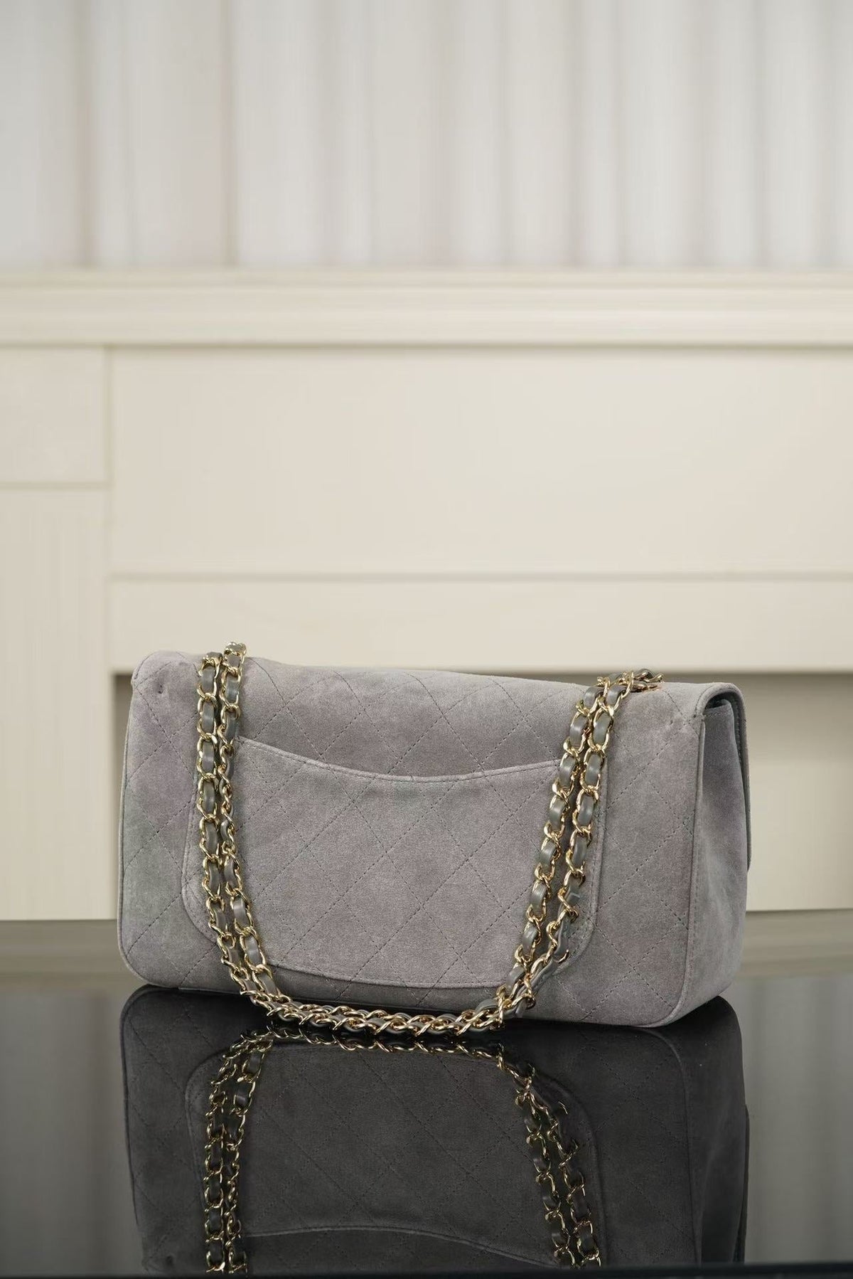 Chanel Maxi Flap Bag 32cm Grey Suede Leather