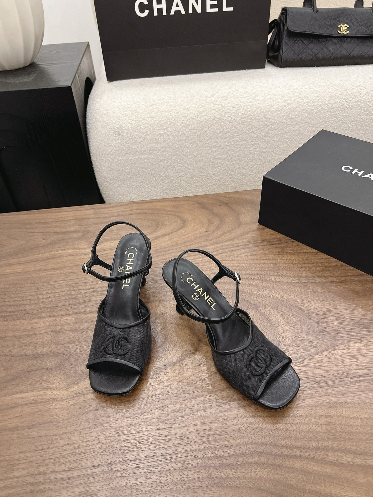 CC 26B Mesh Sandals 6.5cm Black Mesh Lambskin 120987