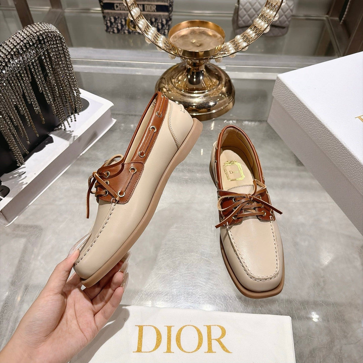 CD 26s  Rive Boat Loafers 3.5cm Beige Tan Leather 996781