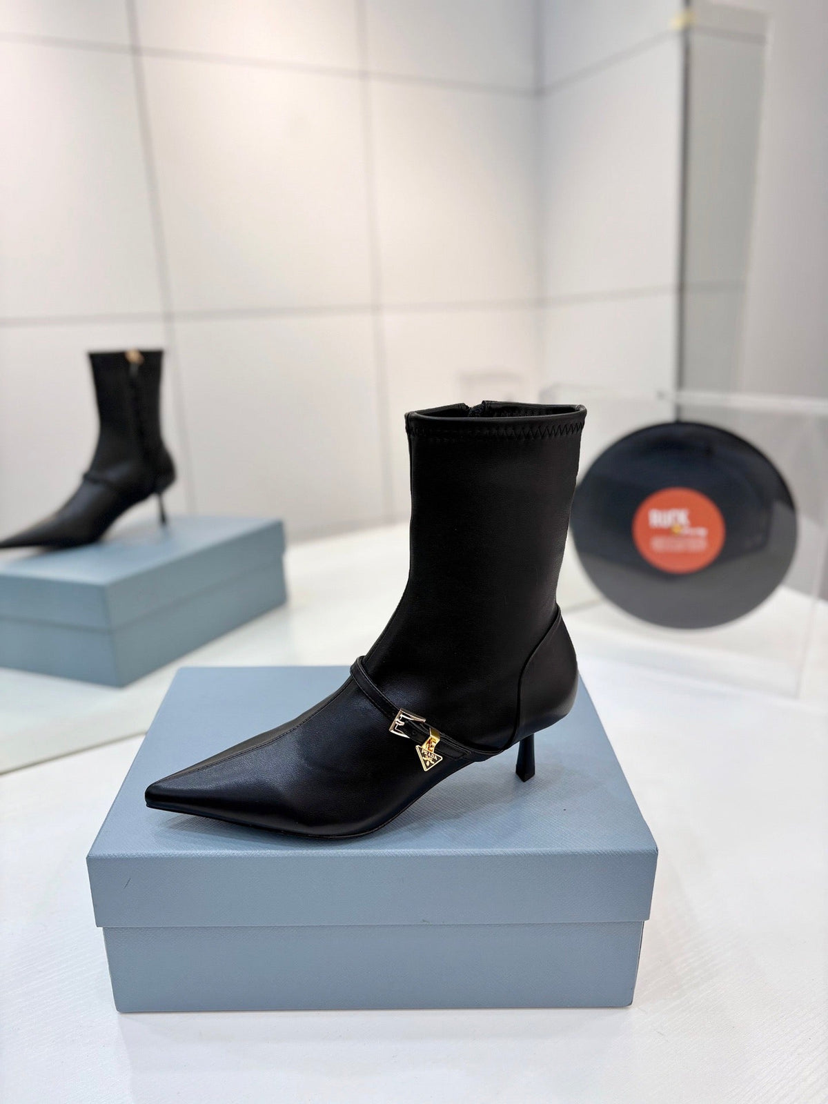 Prada Pointed-Toe Kitten-Heel Boots Brown Leather 158588