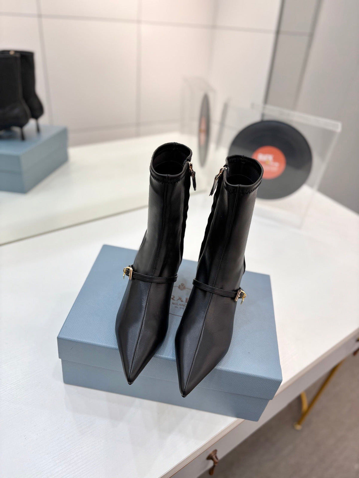 Prada 26s Ankle Boots 5.5cm Black Stretch Nappa Enameled Triangle Logo Leather