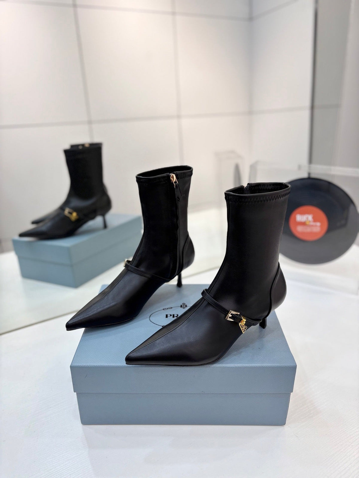 Prada Pointed-Toe Kitten-Heel Boots Brown Leather 158588