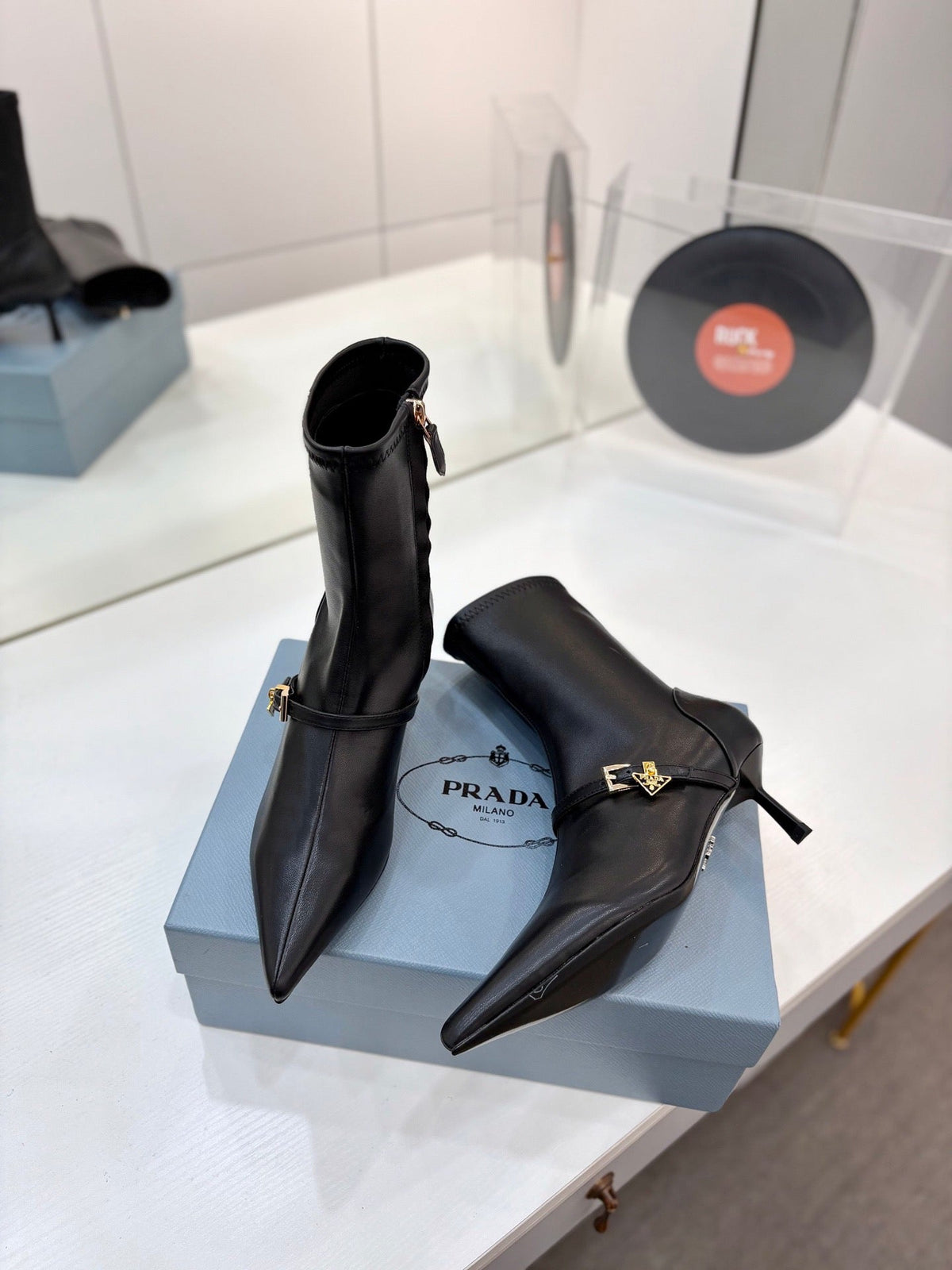 Prada Pointed-Toe Kitten-Heel Boots Brown Leather 158588