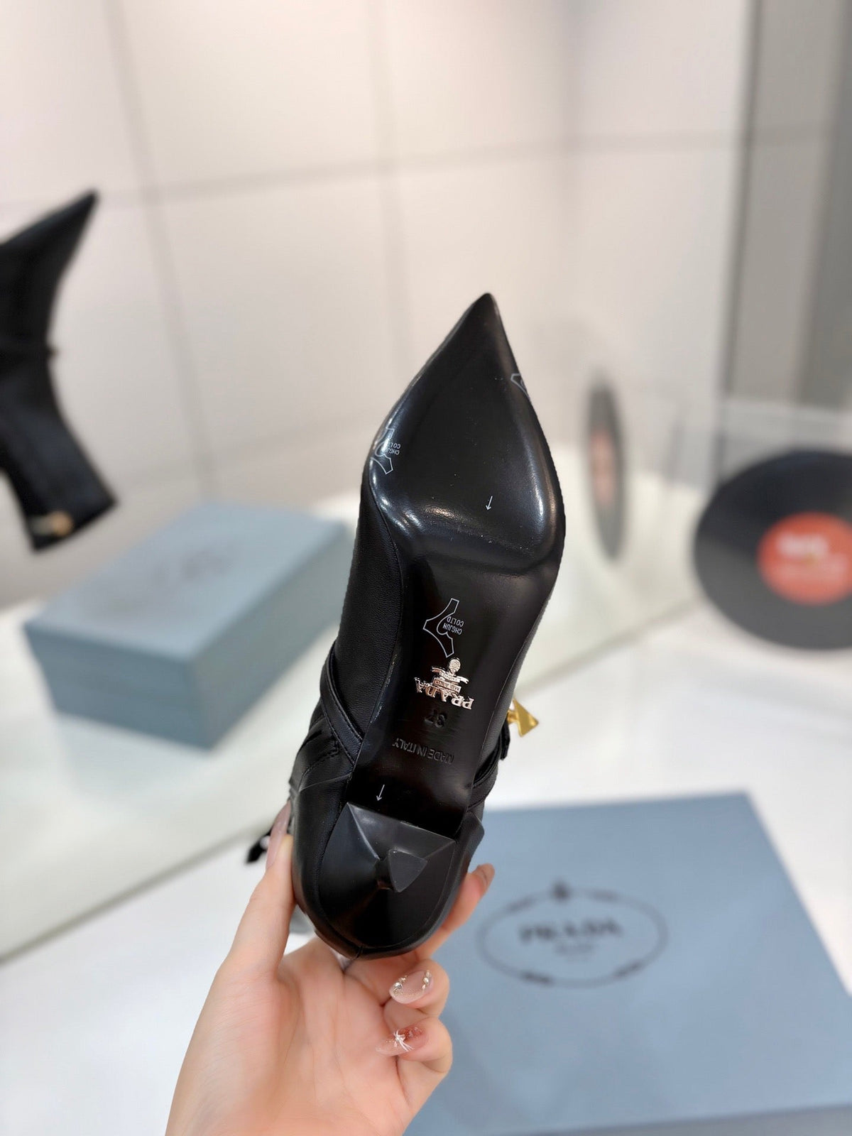 Prada 26s Ankle Boots 5.5cm Black Stretch Nappa Enameled Triangle Logo Leather