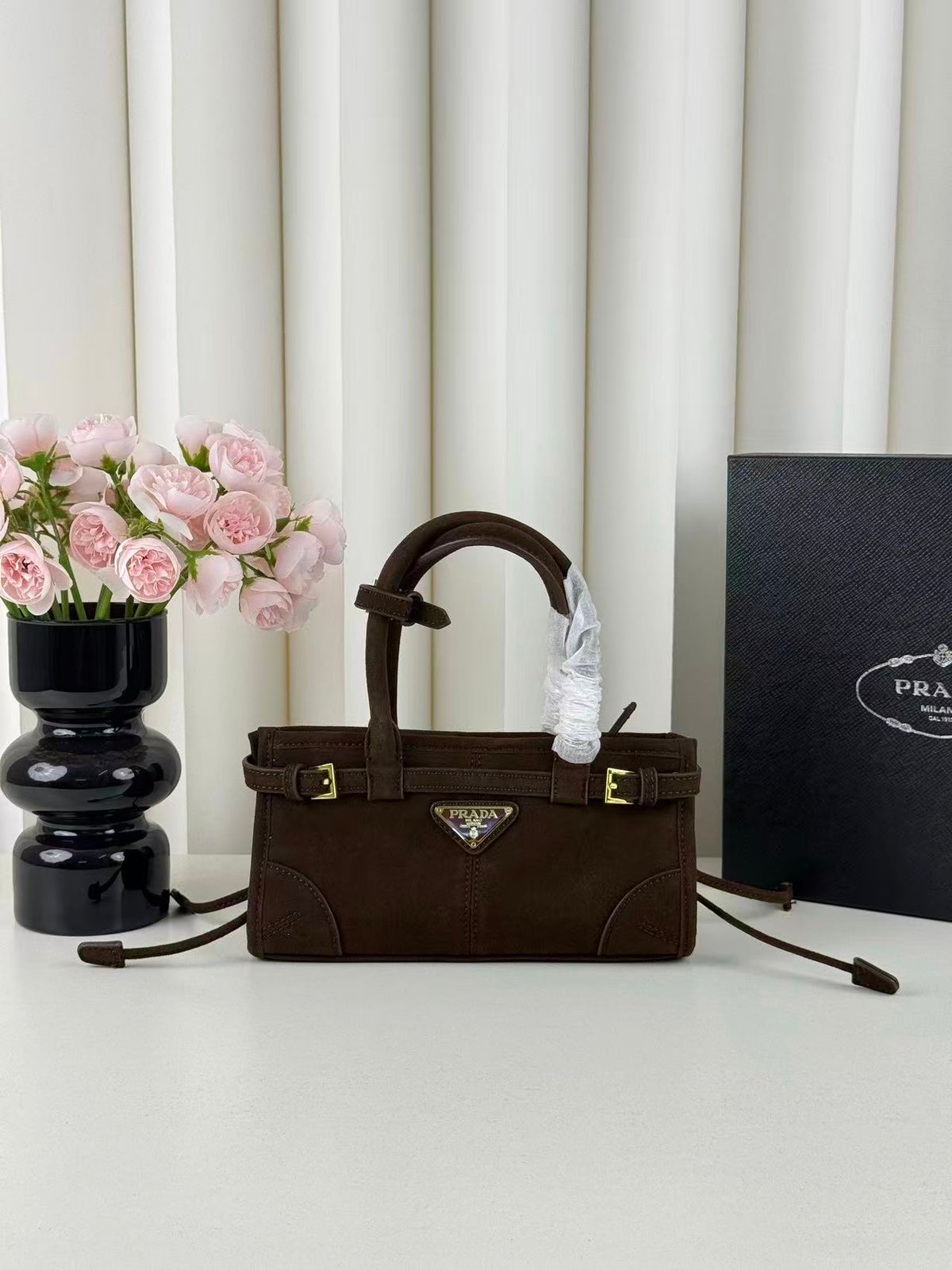 Prada 2026 Bonnie Mini  Handbag 24cm  Dark Brown Suede