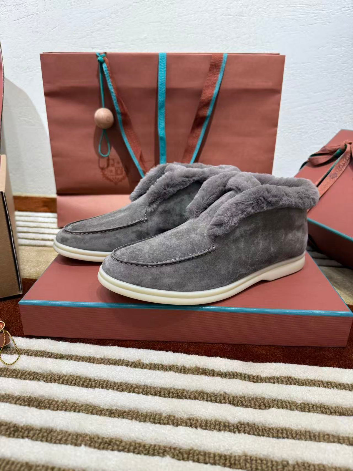 Loro Piana 2026 Gray Suede Fur-Lined Low Boot Walk Shoes